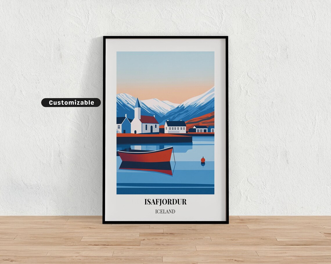 Isafjordur Iceland Harbor Red Fishing Boat Vintage Travel Poster