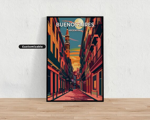 Buenos Aires Argentina Night Street Moon Retro Travel Poster Art