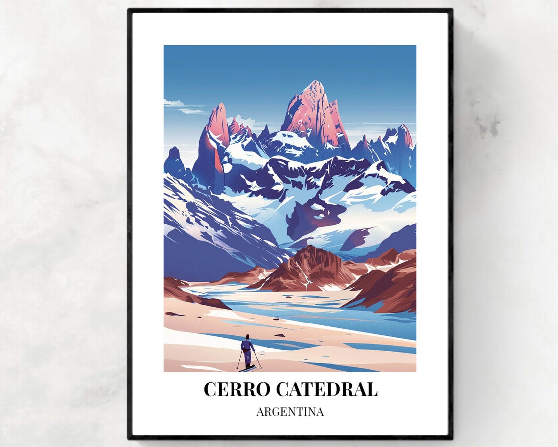 Cerro Catedral Argentina Pink Granite Peaks and Hiker Travel Poster