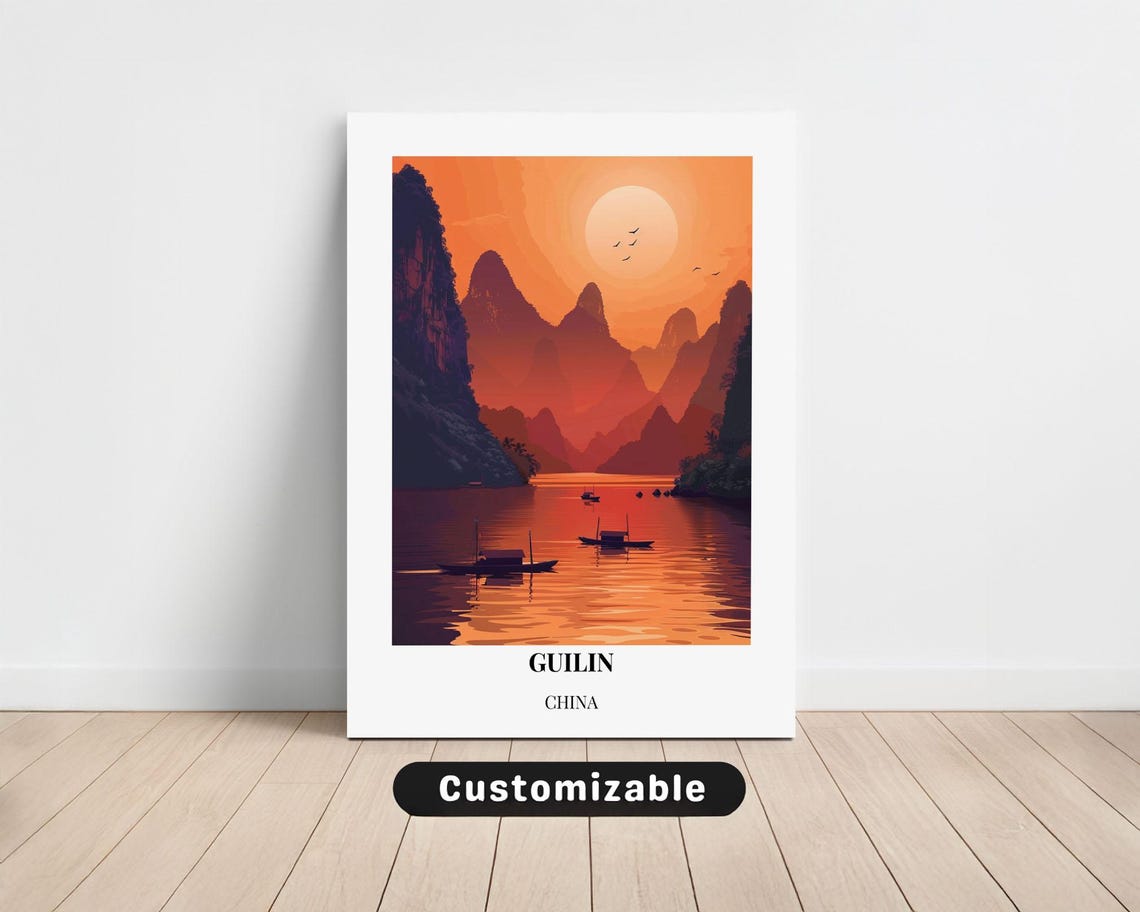 Guilin China Dramatic Karst Peaks Sunset River Boats Travel Poster