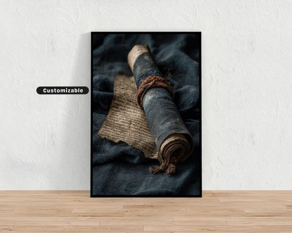 Ancient Manuscript Scroll Over Dark Indigo Fabric Japanese Wall Art Print Zen Asian Decor