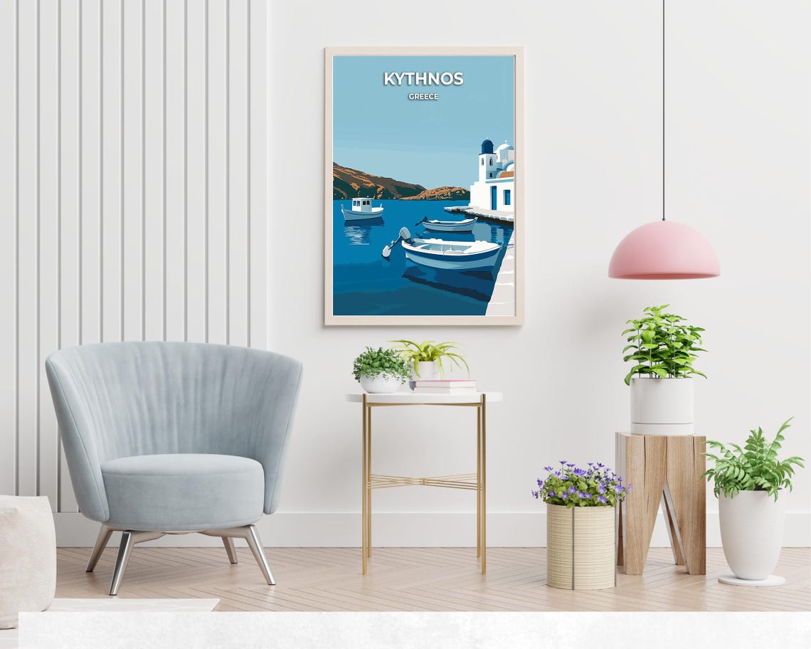 Kythnos Greece Harbor Boats Blue Dome Church Serene Scenic Poster - Image 2