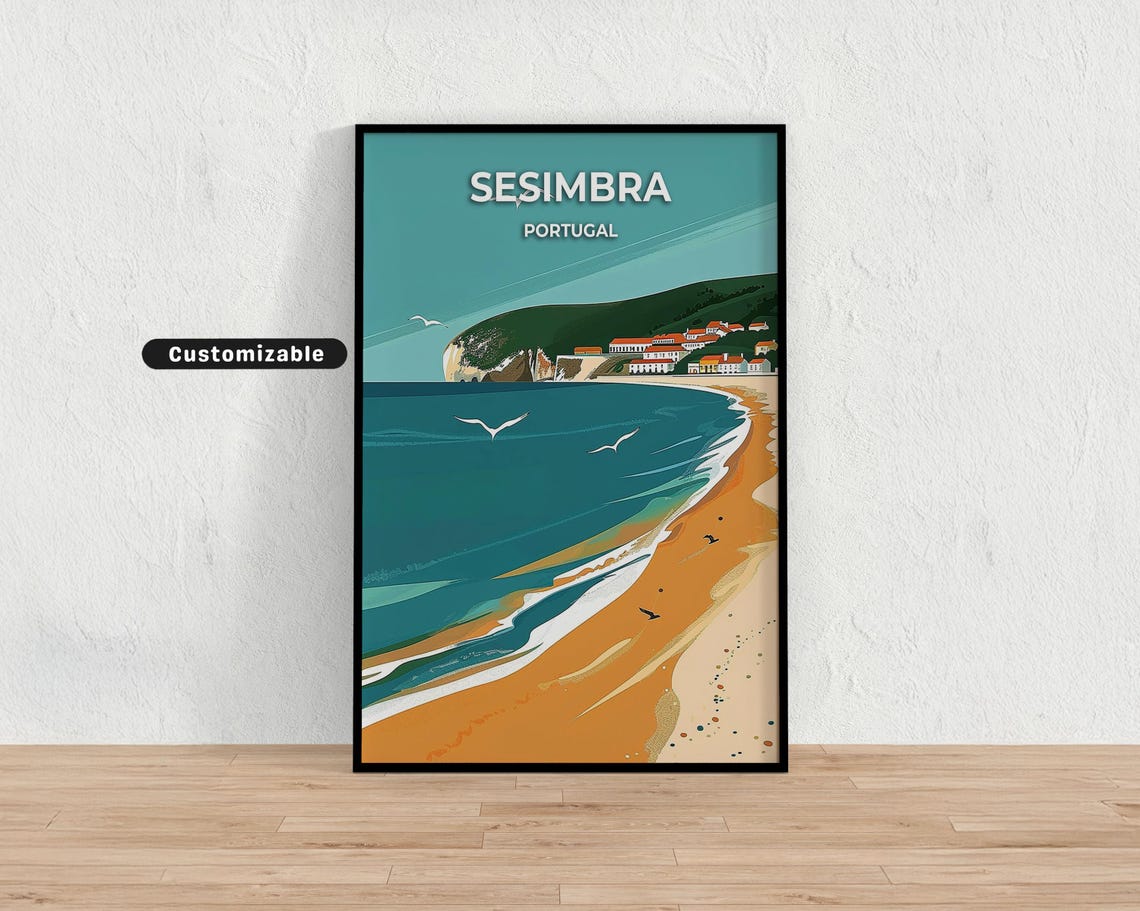 Sesimbra Portugal Sandy Beach Headland Seagulls Travel Poster