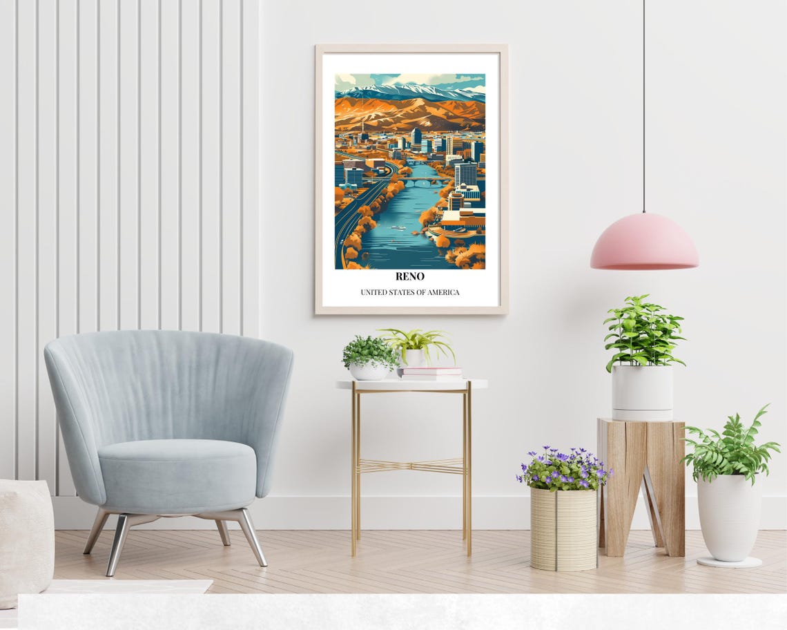 Reno Autumn Riverside Golden Hills Vintage-Style Travel Poster - Image 2