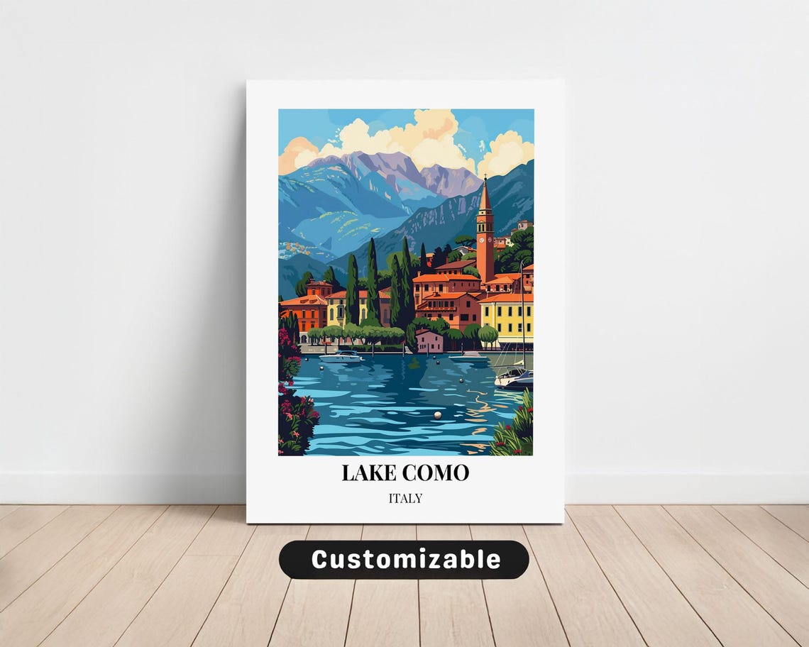 Lake Como Italy Lakeside Village Mountains Vintage Travel Poster Art