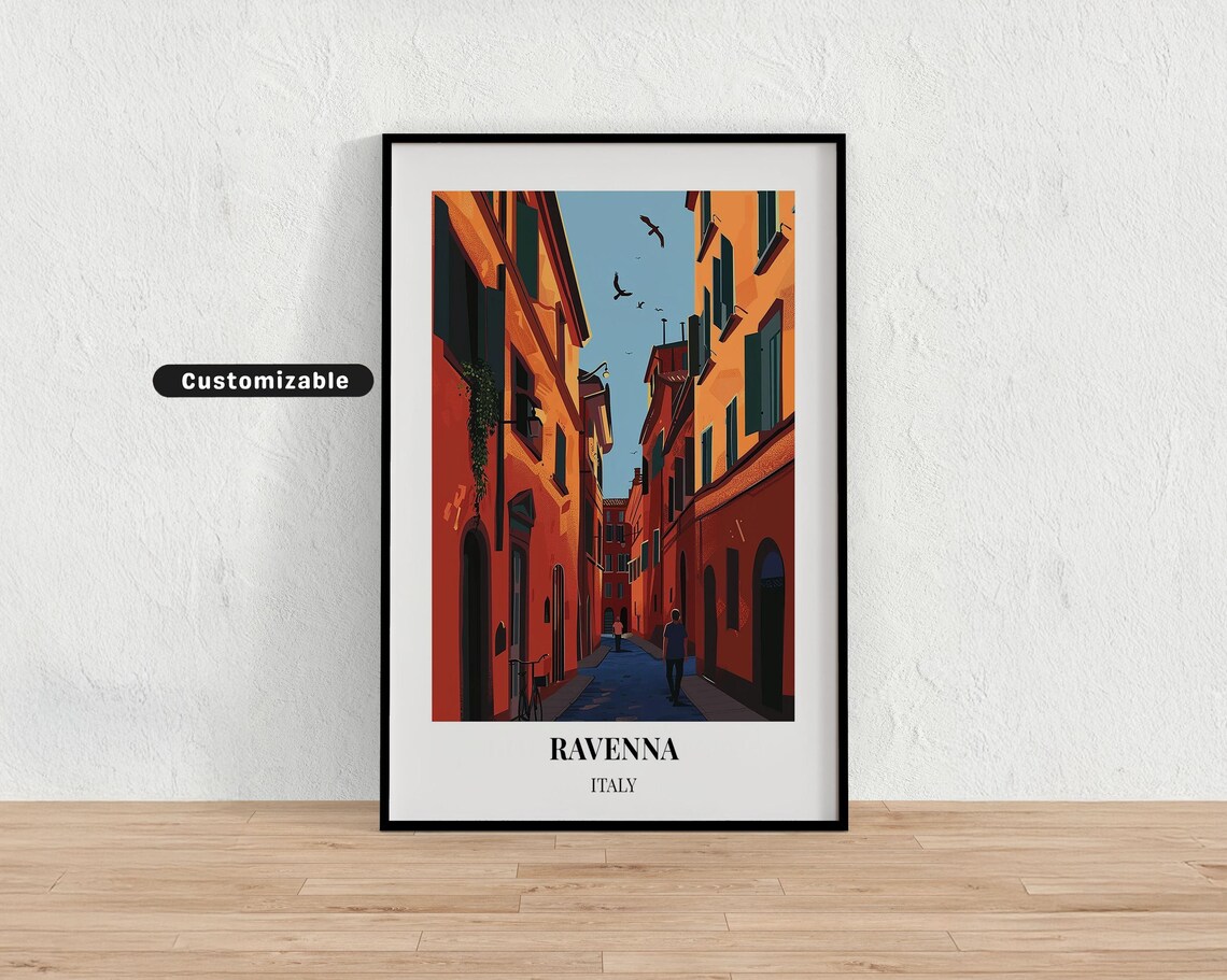 Ravenna Italy Travel Poster with Sunlit Red Street Old Town Scene Art
