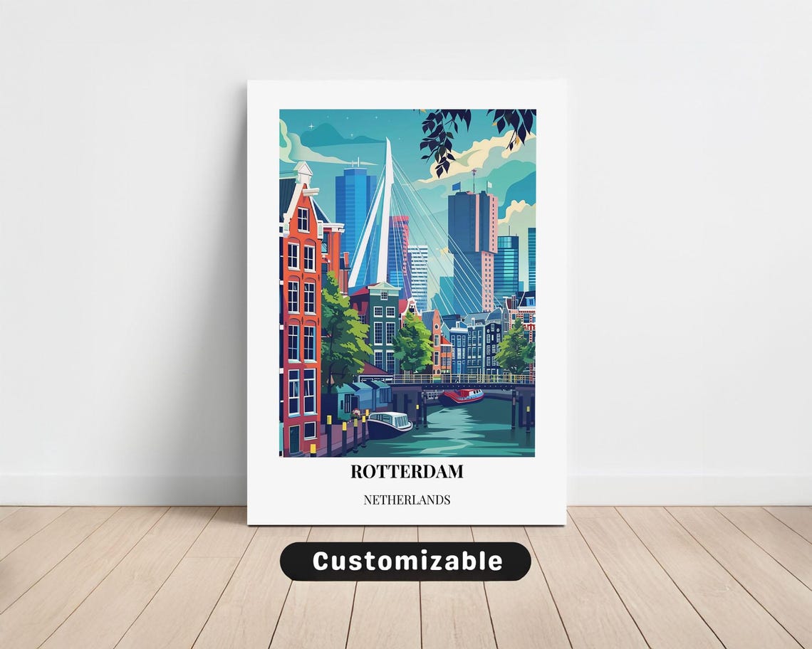 Rotterdam Netherlands Skyline Bridge Harbor City Travel Art Poster