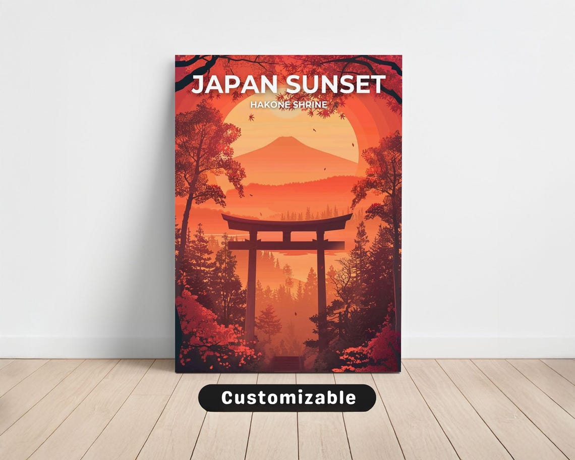 Japan Sunset Hakone Shrine Torii Gate Mount Fuji Red Sky Poster