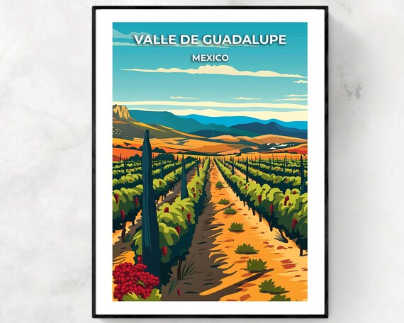 Valle De Guadalupe Mexico Vineyard Rows Daytime Scene Travel Poster