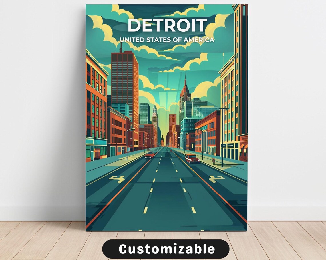 Detroit Michigan Vintage Travel Street Skyline Retro City Poster