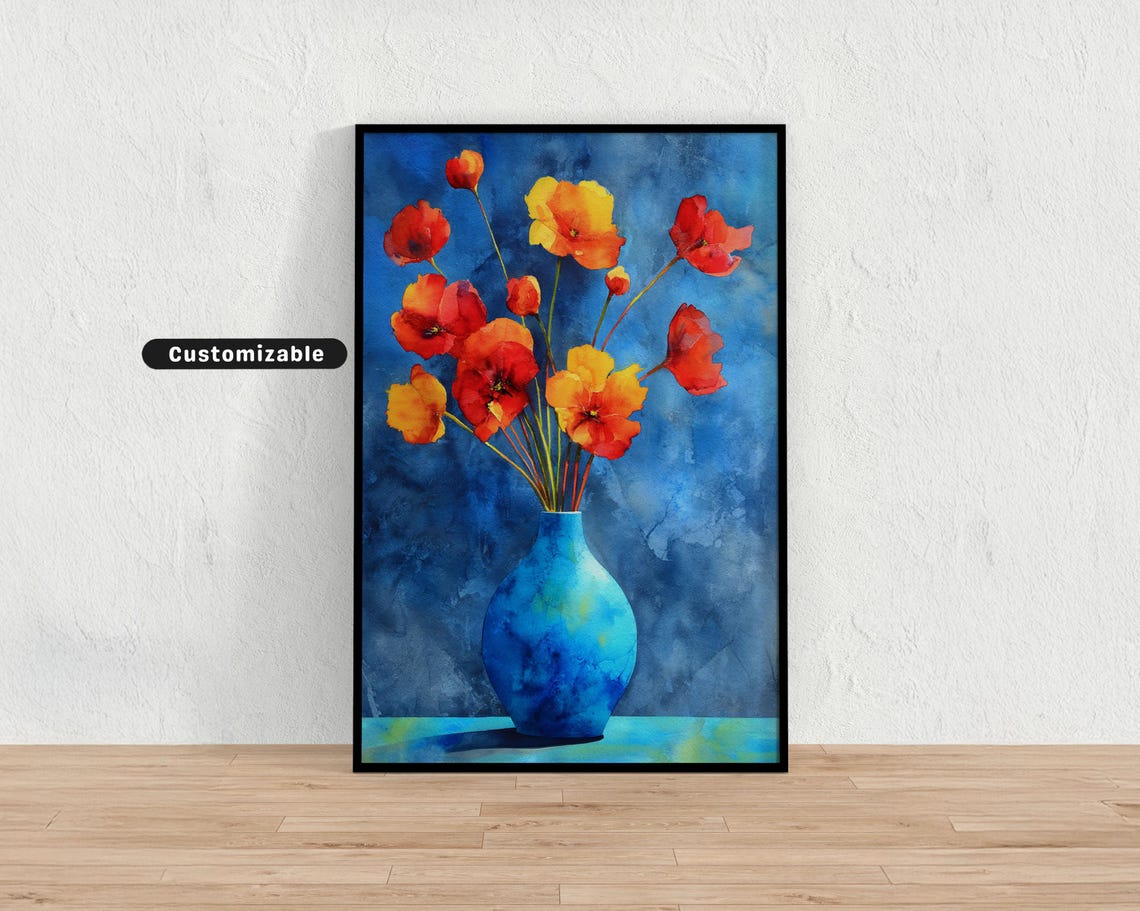 Vibrant Watercolor Red Orange Flowers In Blue Vase Floral Poster
