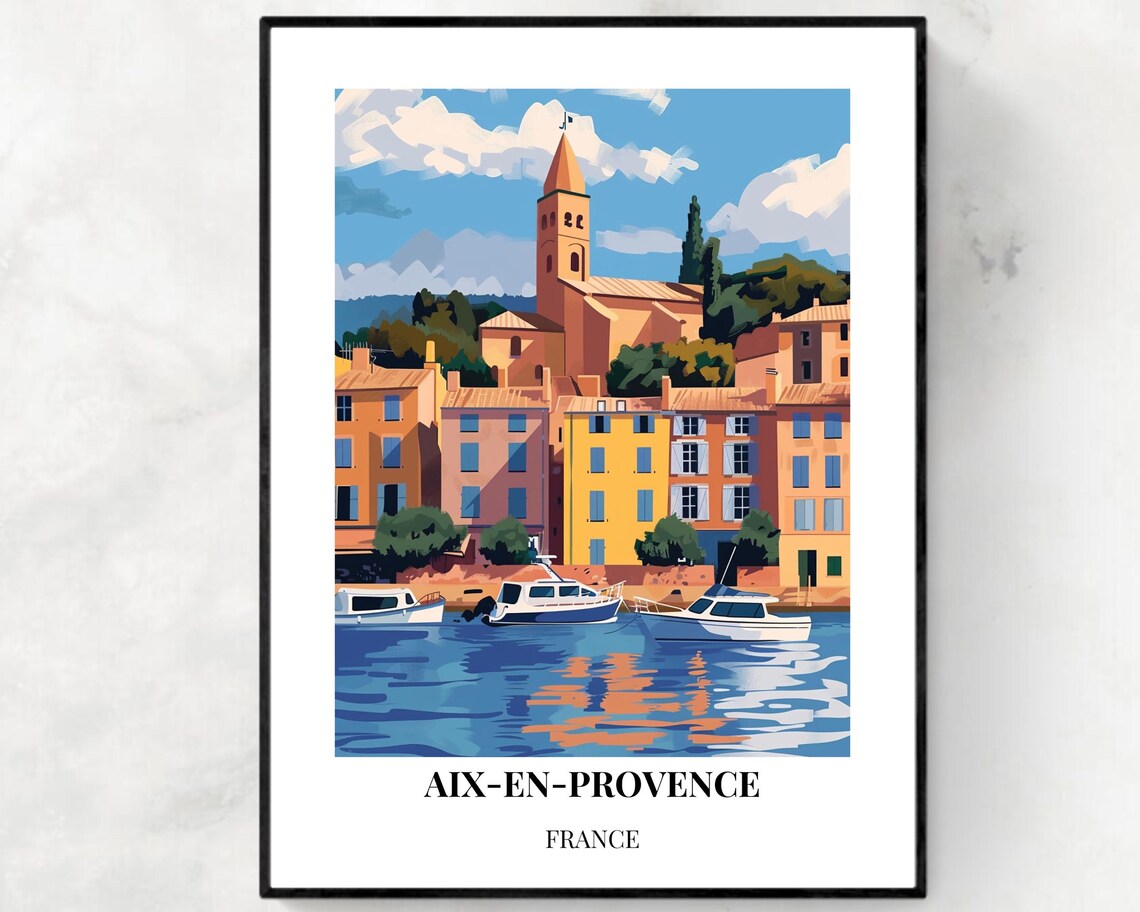 Aix en Provence France Waterfront Harbor Town Pastel Travel Poster