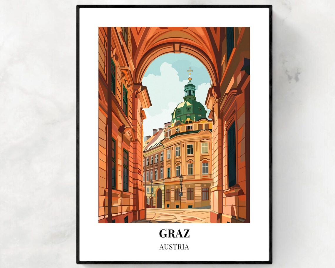Graz Austria Grand Arched Alleyway View Old Domed Church Poster