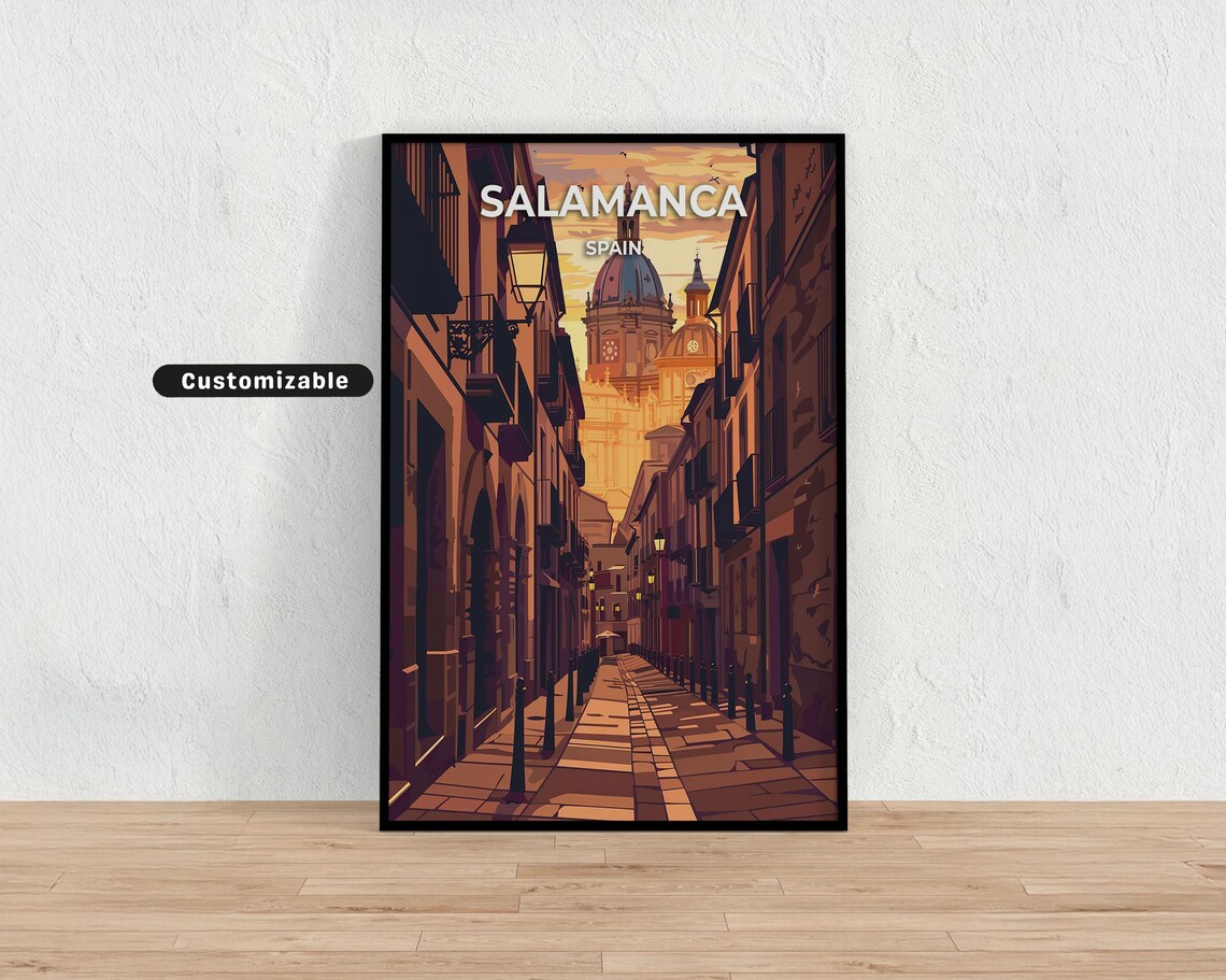 Salamanca Spain Old Street Cathedral Sunset Illustrated Travel Poster