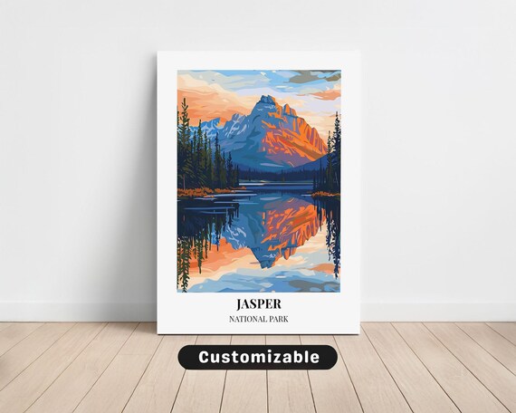 Jasper National Park Sunset Mountain Reflection Lake Vintage Travel Poster