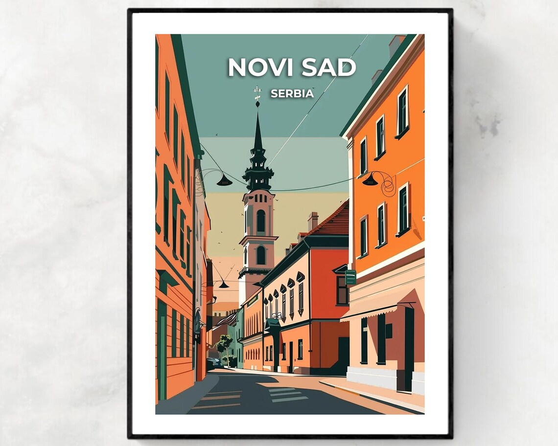 Novi Sad Serbia Clock Tower Old Street Historic City Travel Poster