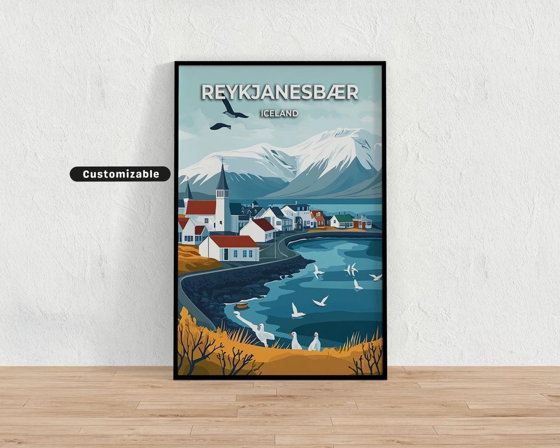 Reykjanesbaer Iceland Seabirds Harbor Snowy Peaks Travel Poster