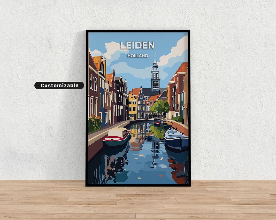 Leiden Holland Canal Houses and Boats Retro Vintage Travel Poster