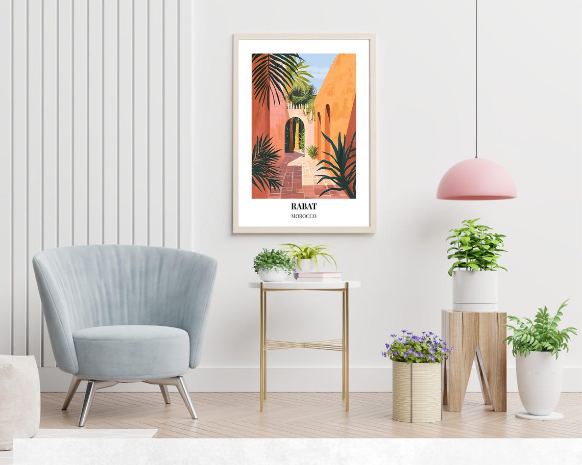 Rabat Morocco Pink Courtyard Moorish Arches Palms Travel Poster - Image 2