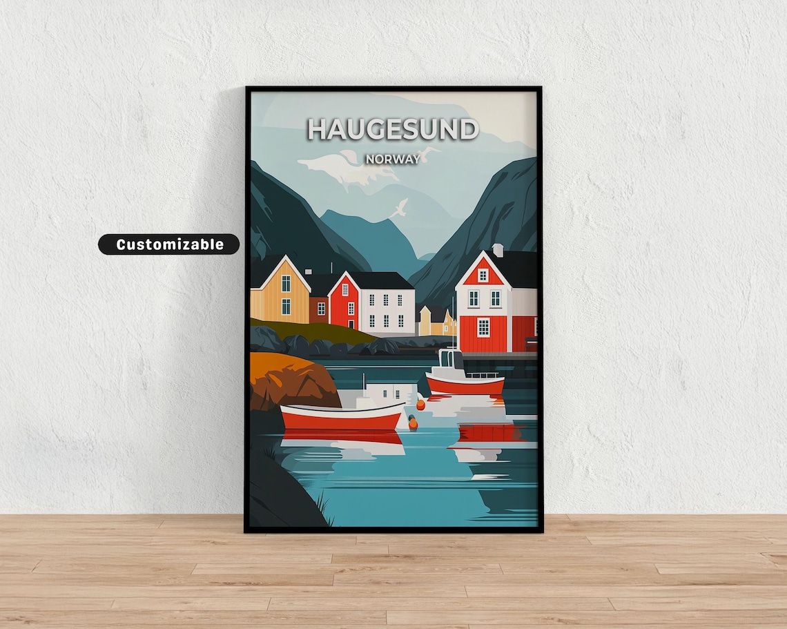 Haugesund Norway Fjord Mountains Red Boats Modern Travel Poster