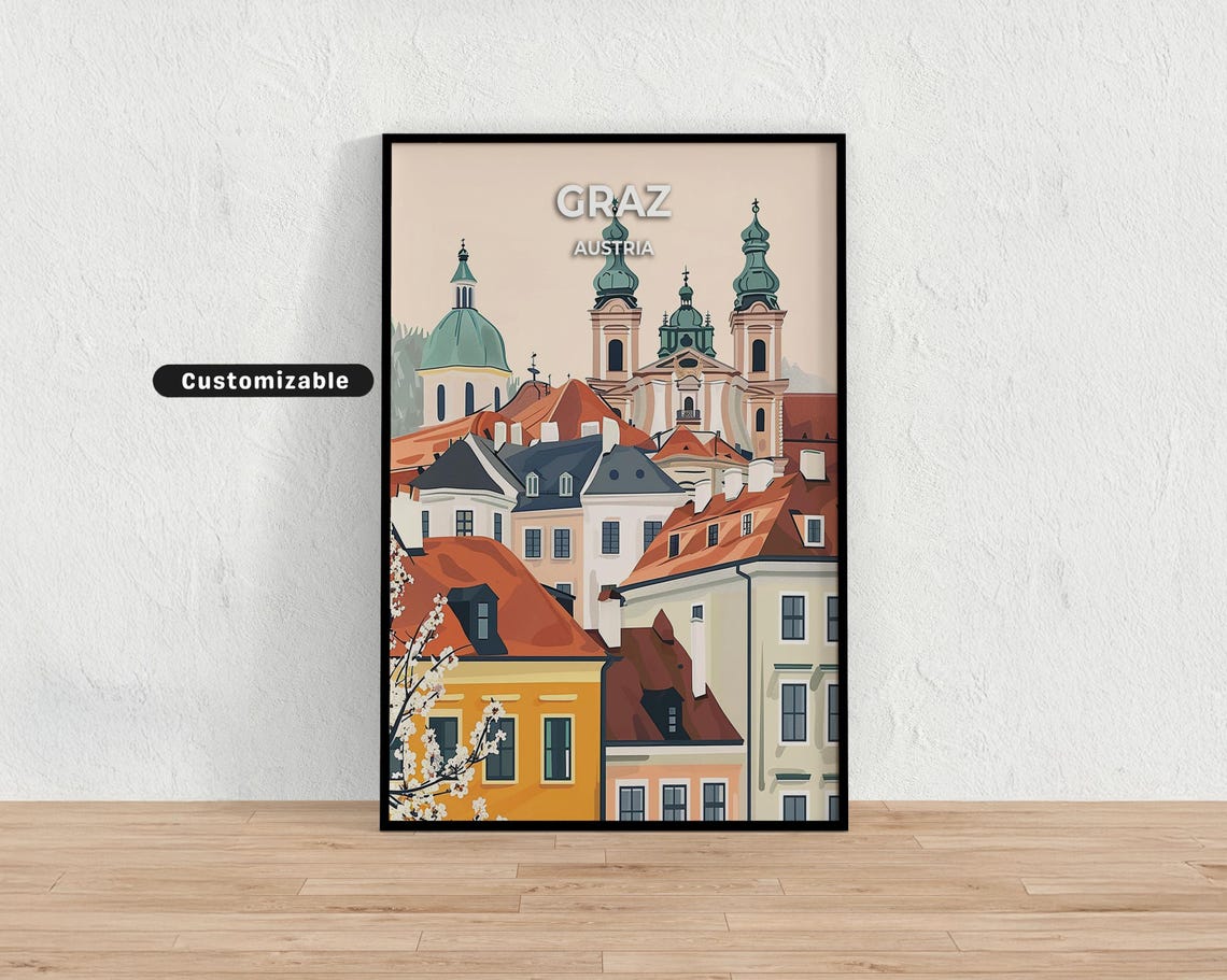 Graz Austria Cathedral Rooftops European Vintage Travel Poster