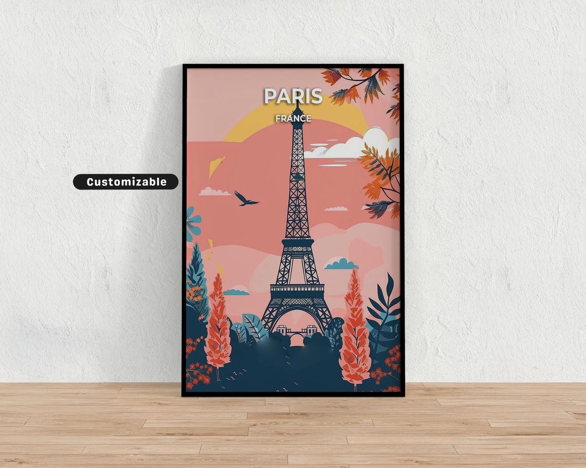 Custom Paris France Eiffel Tower Pink Sunset Retro Travel Poster