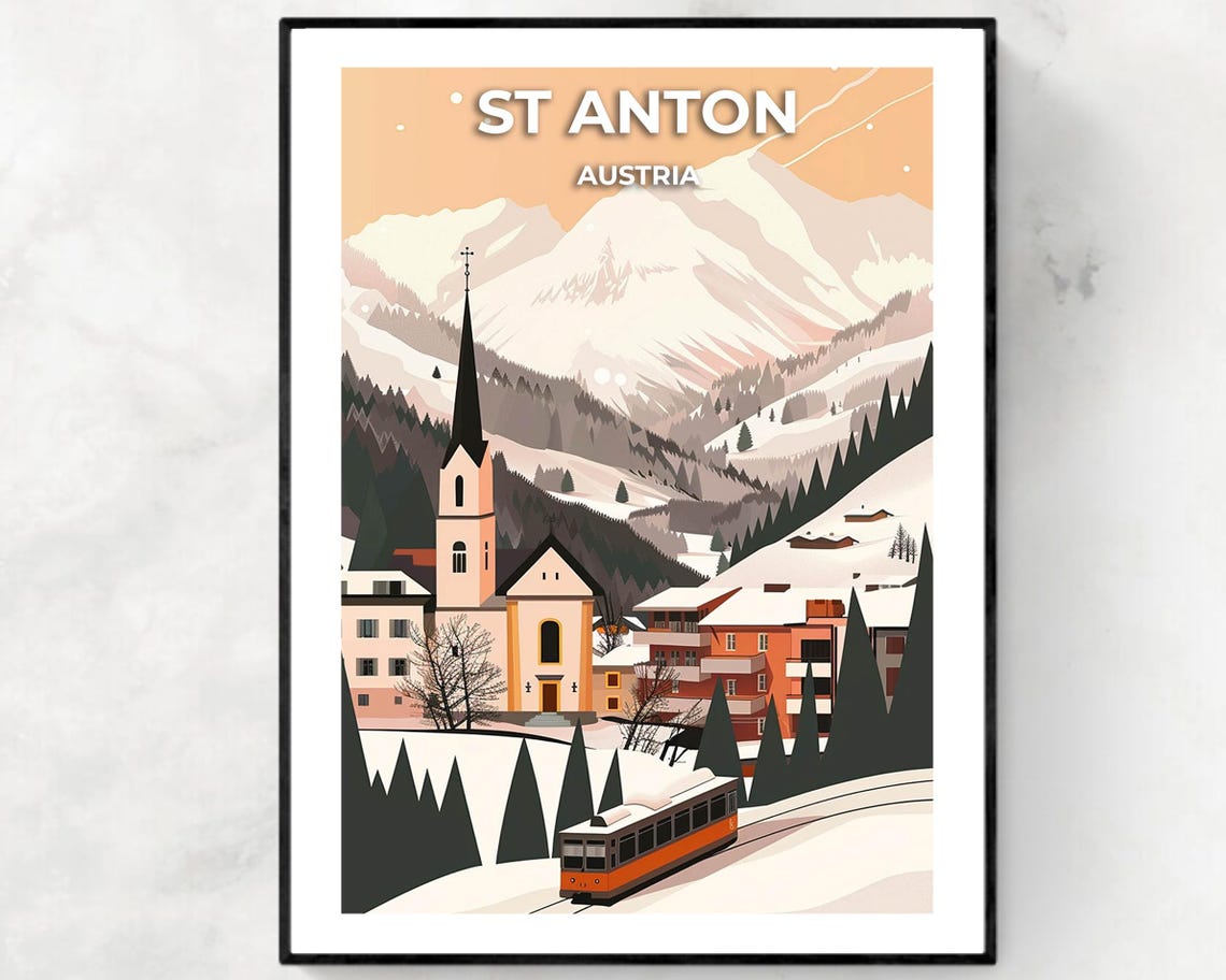 St Anton Austria Snowy Alpine Village Church Tram Scene Poster
