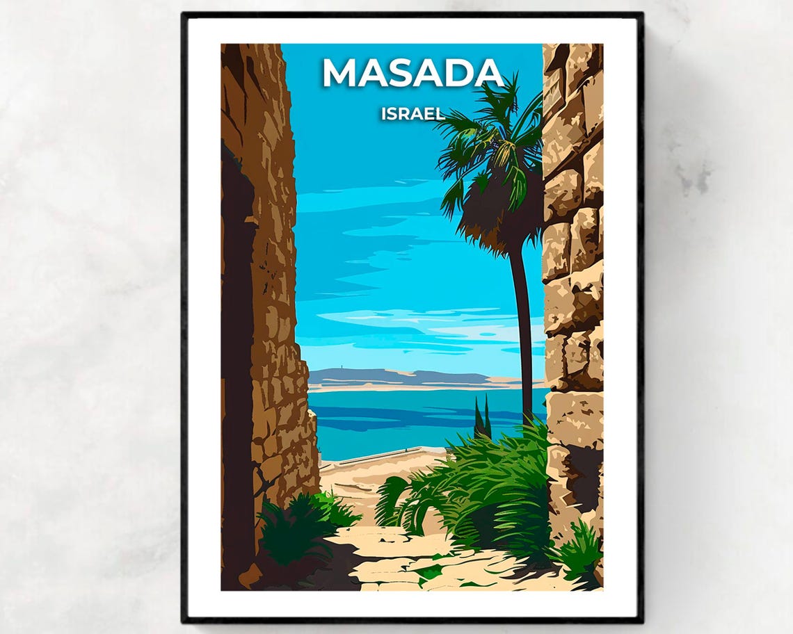 Masada Israel Ancient Stone Path Sea View Palm Travel Poster