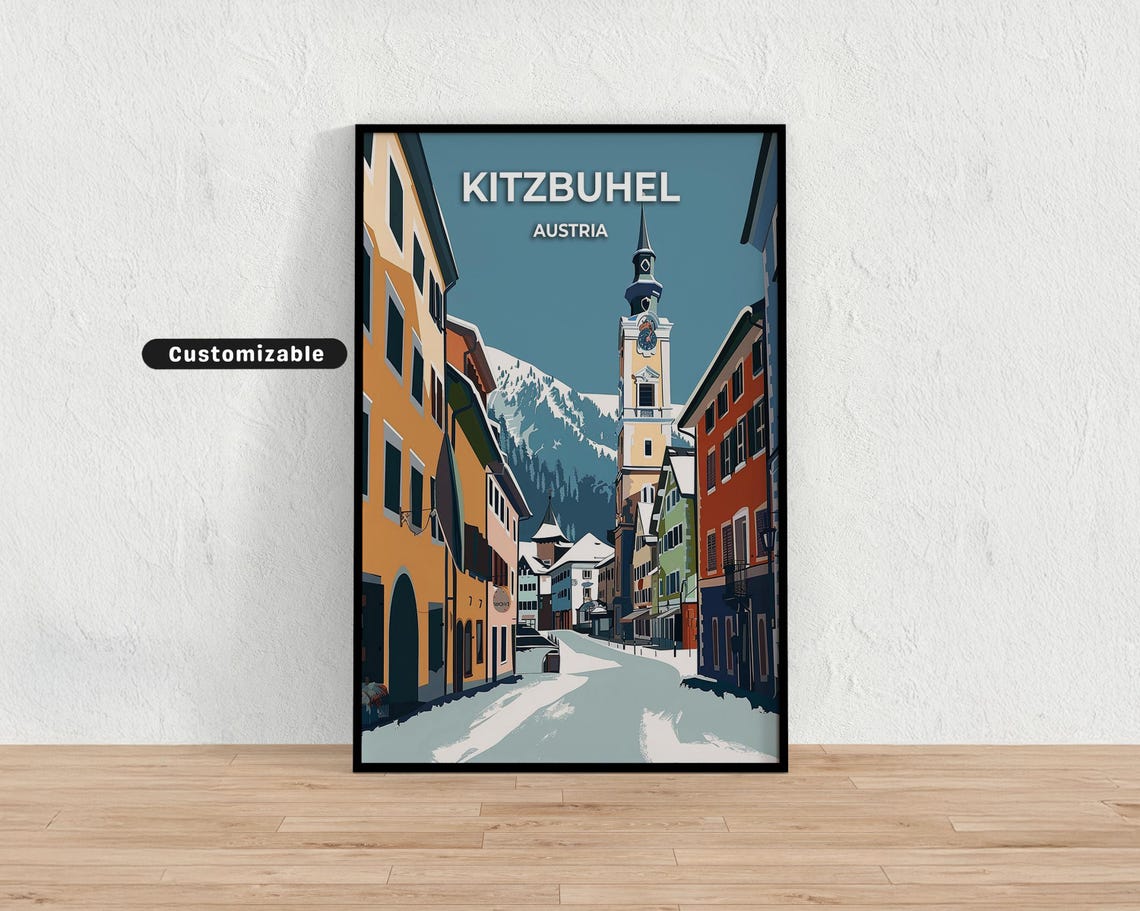 Kitzbuhel Austria Snowy Old Town Street Winter Travel Poster