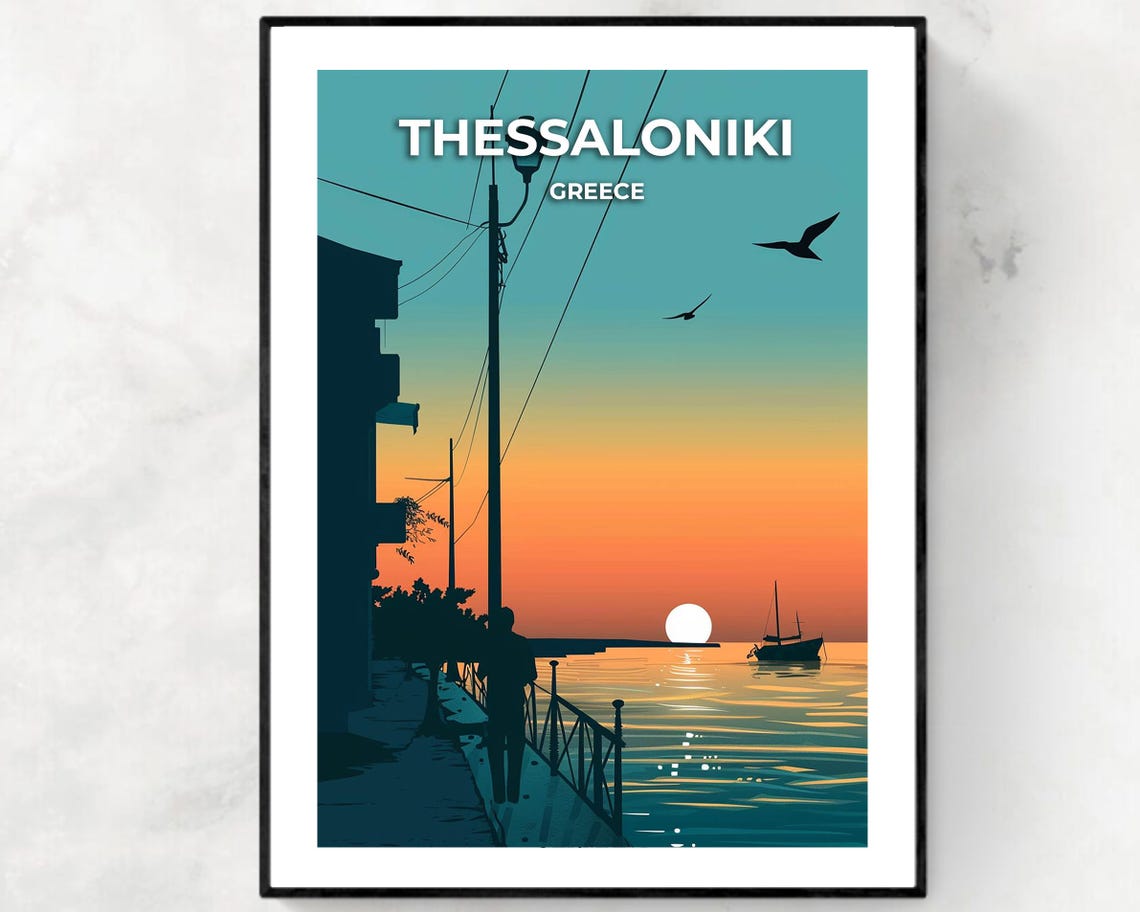 Thessaloniki Greece Sunset Waterfront Promenade With Seagulls Poster