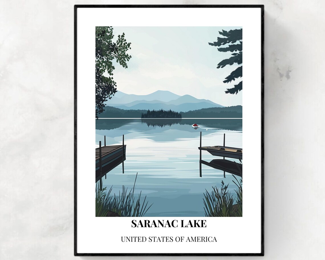 Saranac Lake New York Calm Morning Lakeside Vintage Travel Poster - Image 2