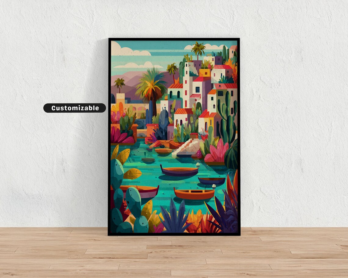 Colorful Seaside Village Boats Turquoise Water Mediterranean Travel Poster