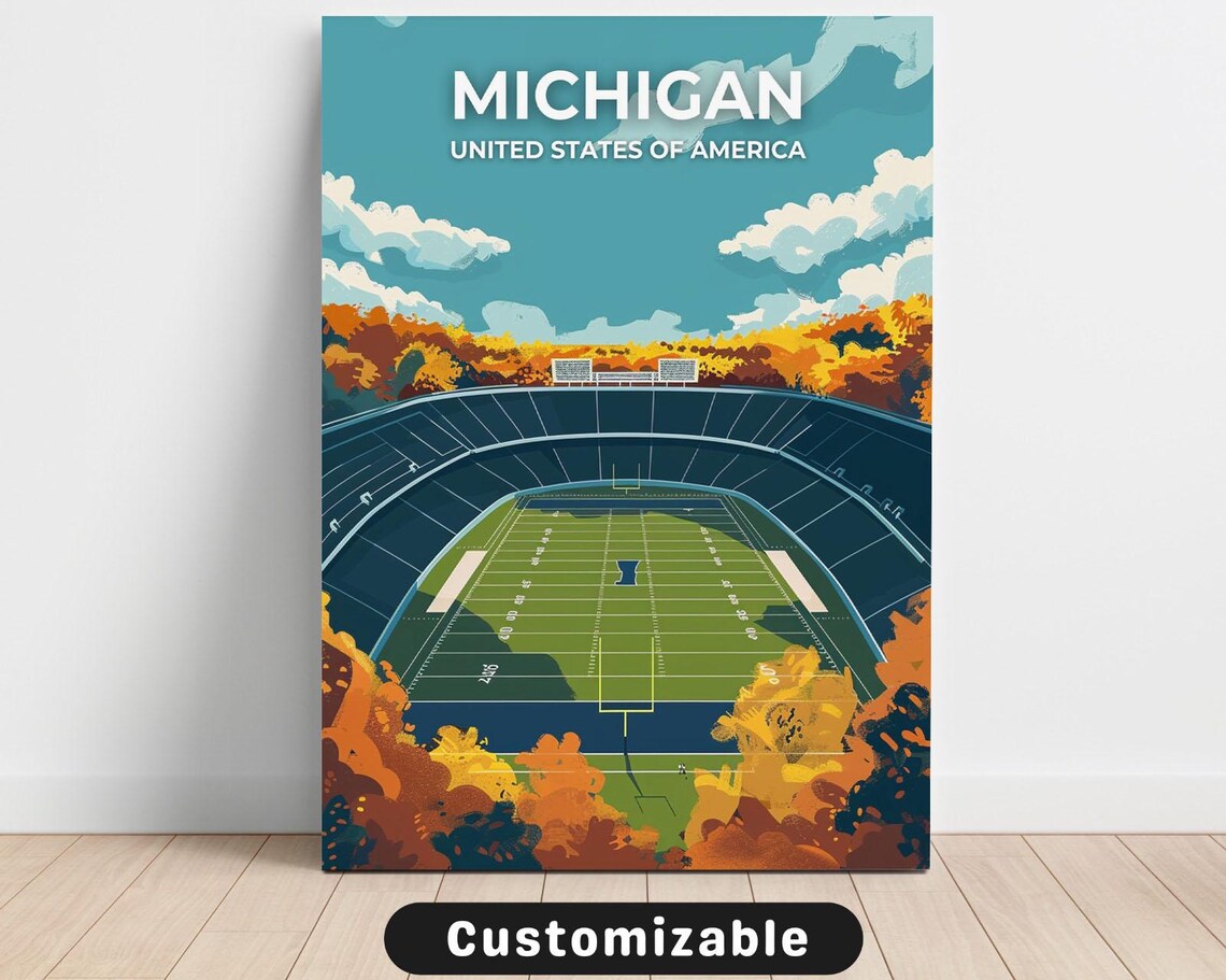 Michigan Football Stadium Autumn Sunset Retro Travel Art Poster