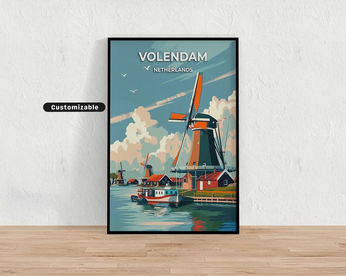 Volendam Netherlands Windmill Harbor Vintage Style Travel Poster