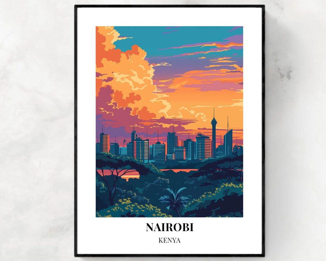 Nairobi Skyline Above Green Acacia Trees Kenya Travel Poster