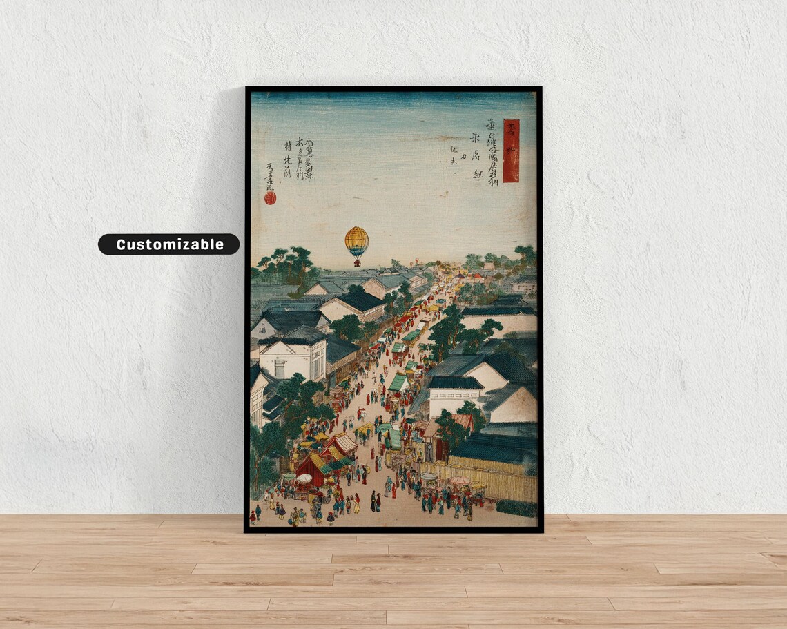 Edo Style Japanese Town Festival Crowd Woodblock Style Art Poster