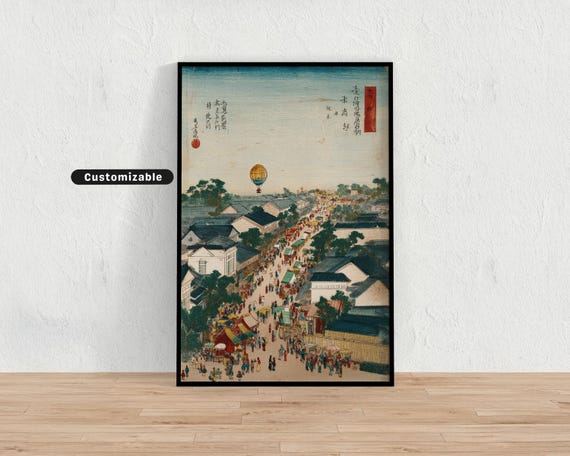 Edostyle Townscape With Market Stalls And Lanterns Japanese Wall Art Print Zen Asian Decor