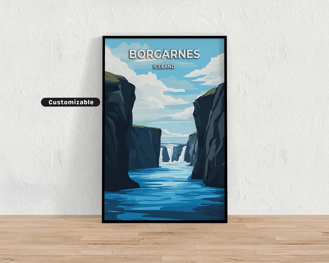 Borgarnes Iceland Waterfall Gorge Blue River Canyon Art Poster