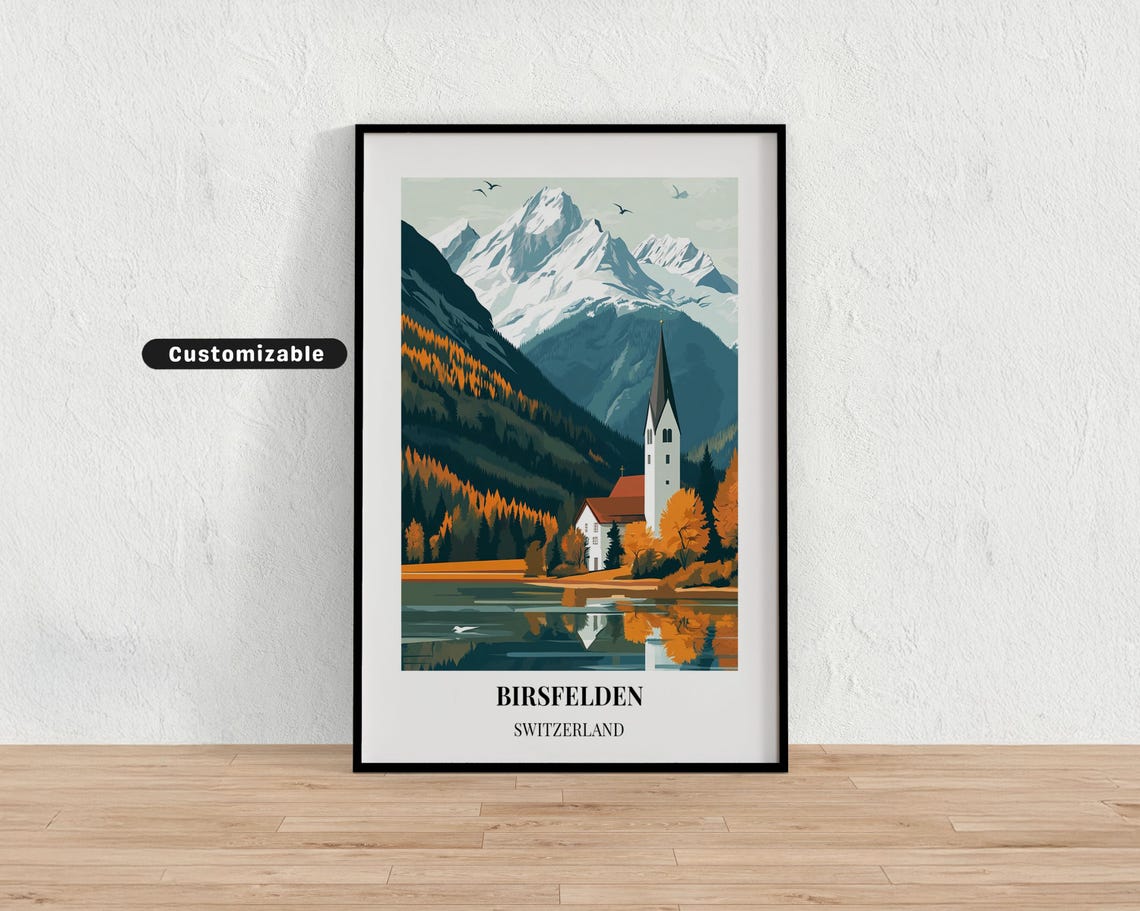 Birsfelden Switzerland Travel Poster Alpine Church Autumn Retro Art