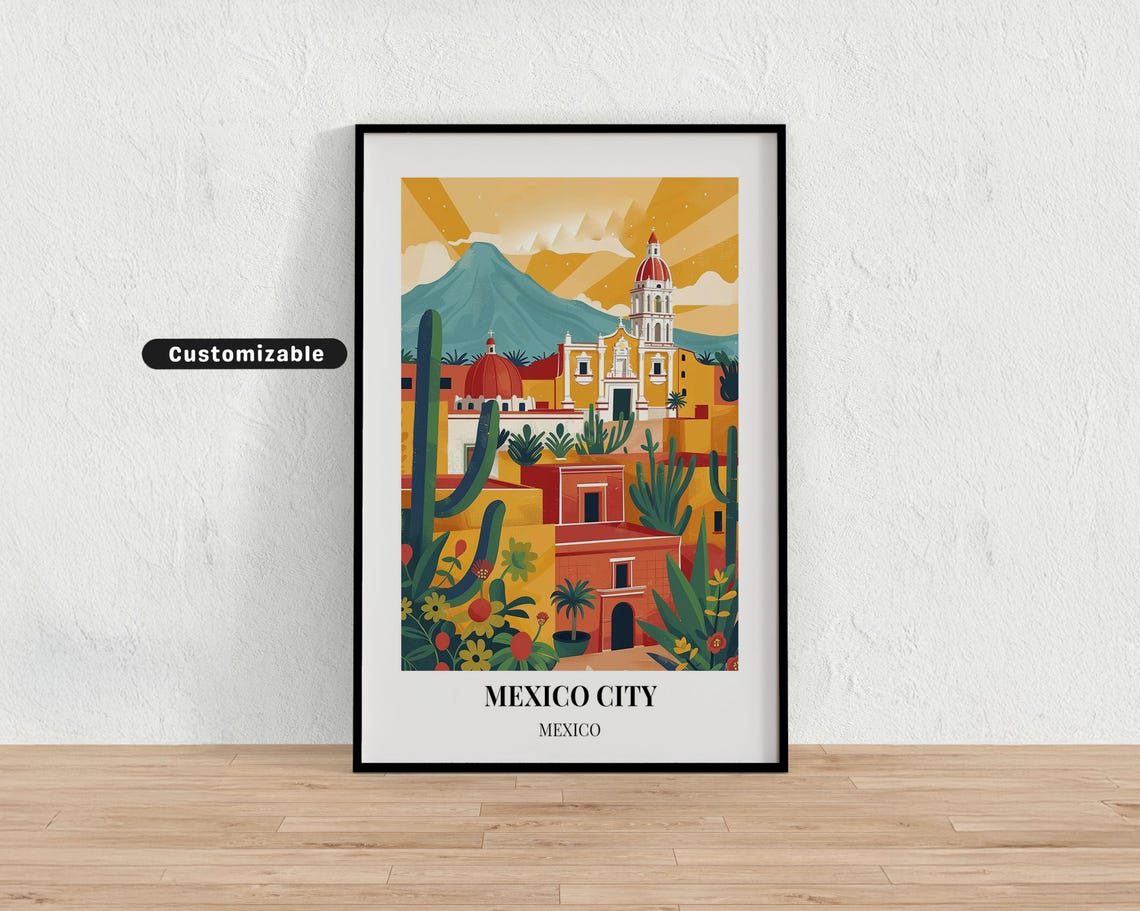 Mexico City Cathedral Volcano Desert Cactus Travel Art Poster