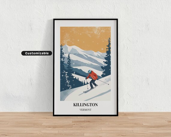 Killington Vermont Ski Poster Customizable Vintage Orange Sky Mountain Art