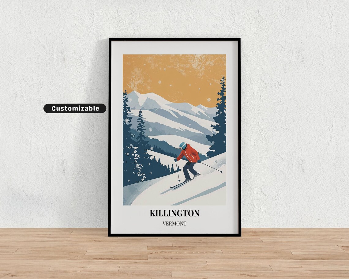 Killington Vermont Ski Poster Customizable Vintage Orange Sky Mountain Art