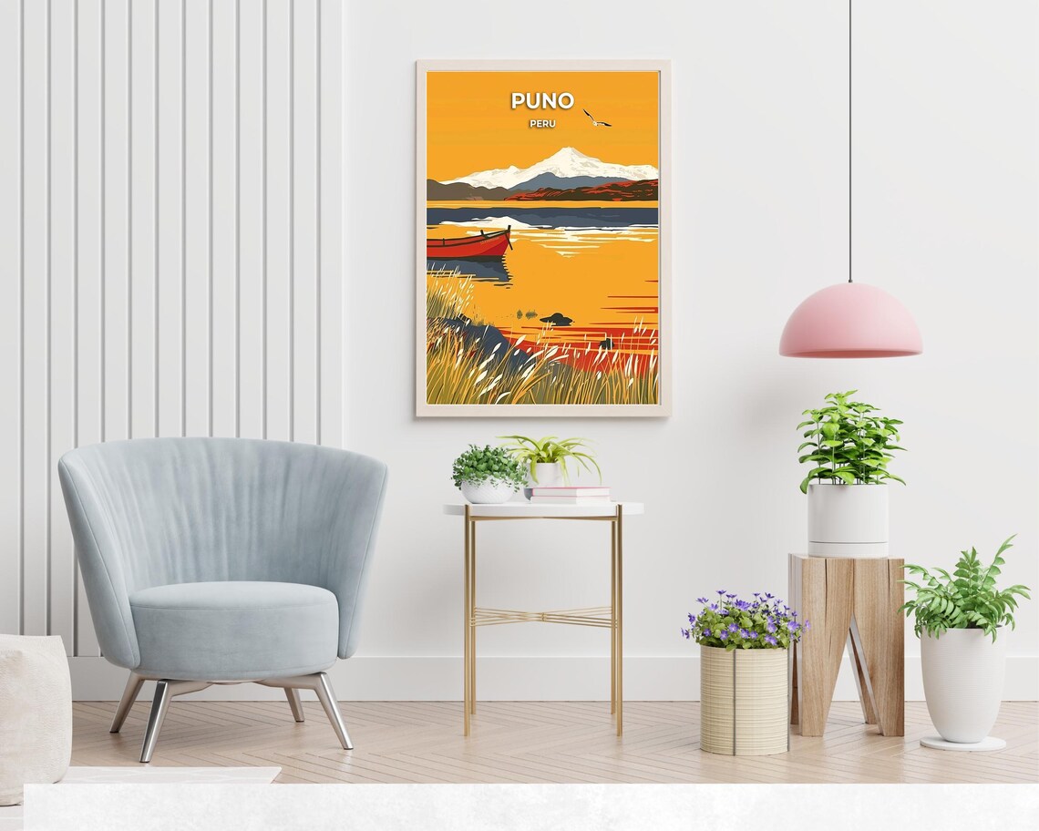 Golden Sunset Over Lake Titicaca With Red Boat Near Puno Peru Poster - Image 2
