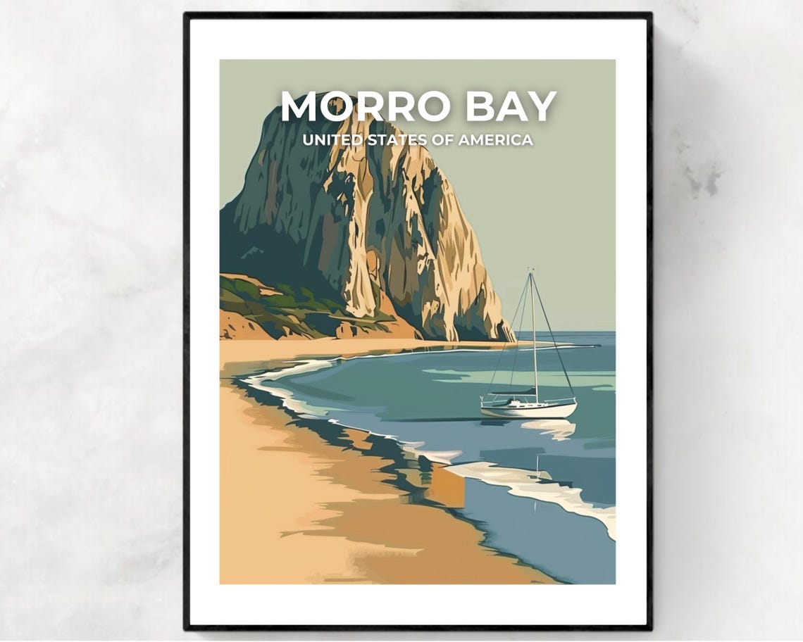 Morro Bay Ocean Rock Formation Sailboat Sunset Travel Poster