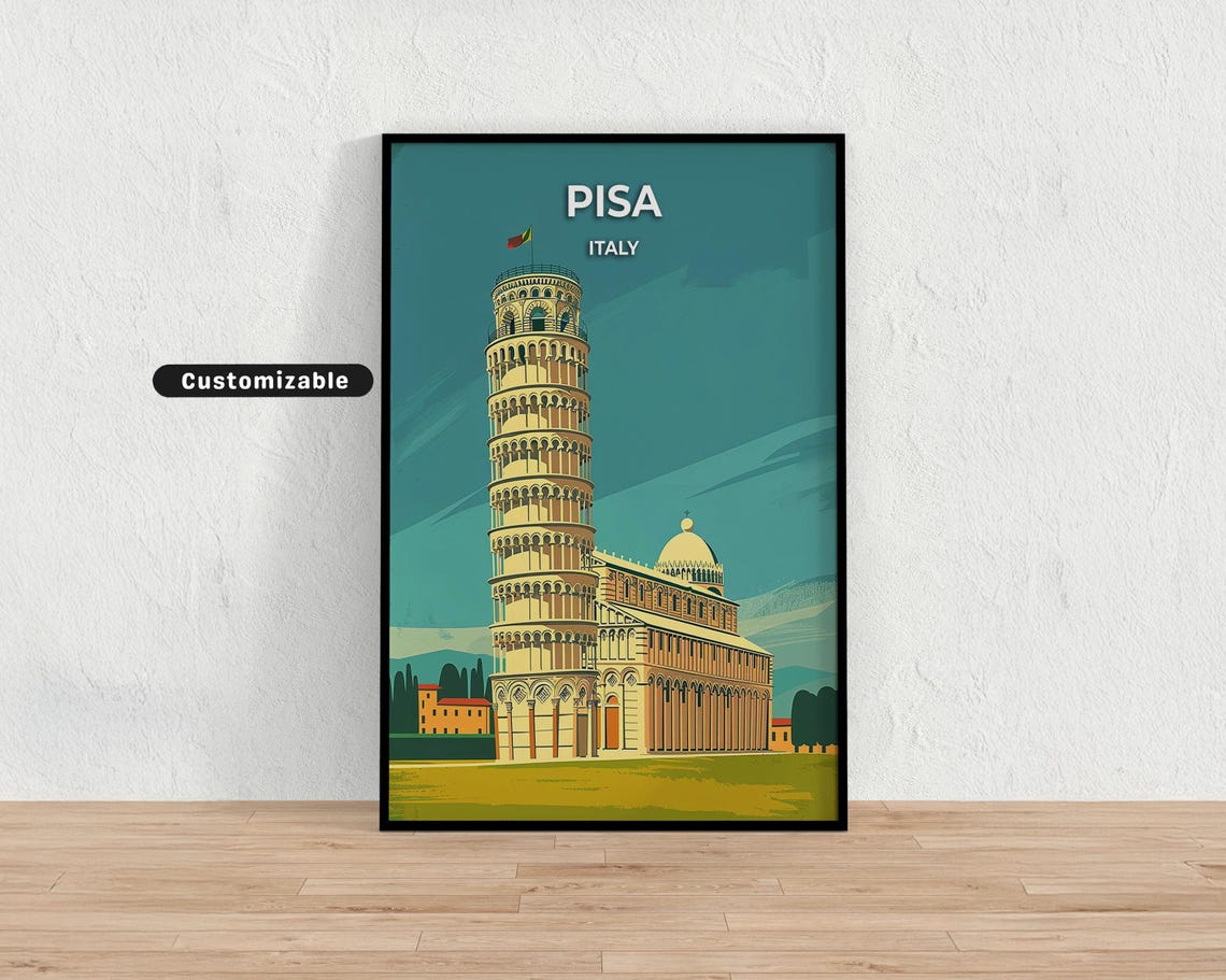 Pisa Italy Famous Leaning Tower Landmark Illustrated Travel Poster