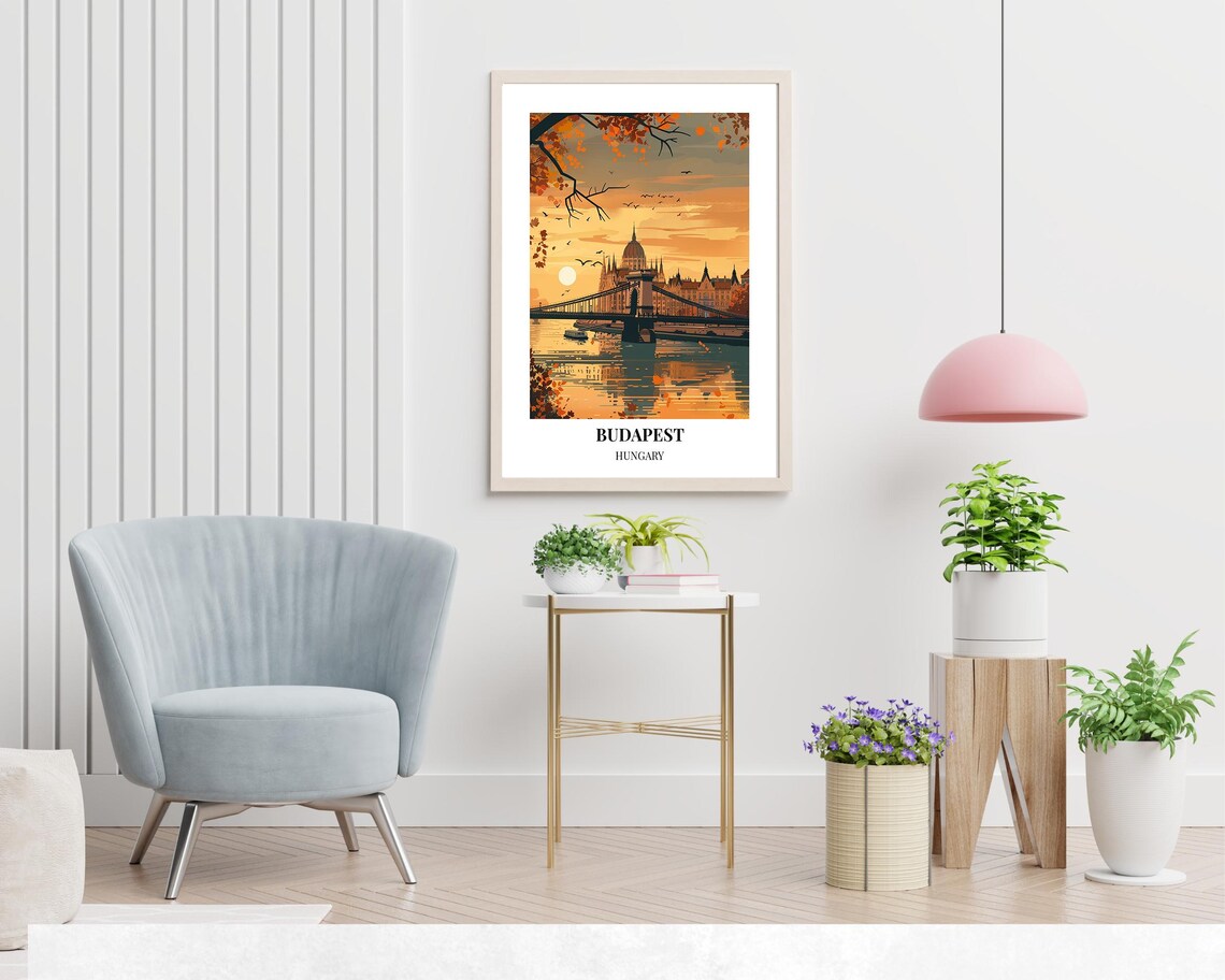 Budapest Hungary Chain Bridge Autumn Sunset Vintage Travel Poster - Image 2
