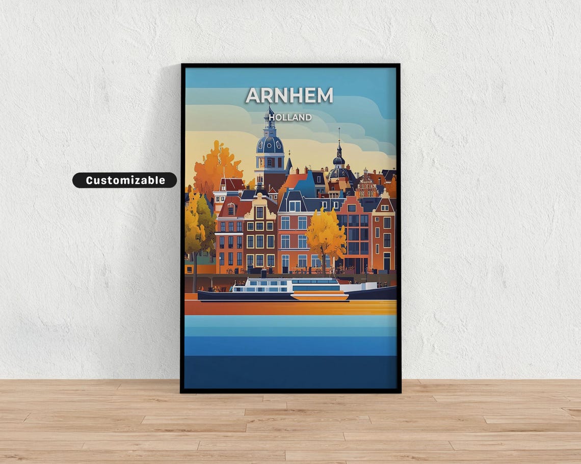Arnhem Holland Flat Design Cityscape Riverfront Travel Poster
