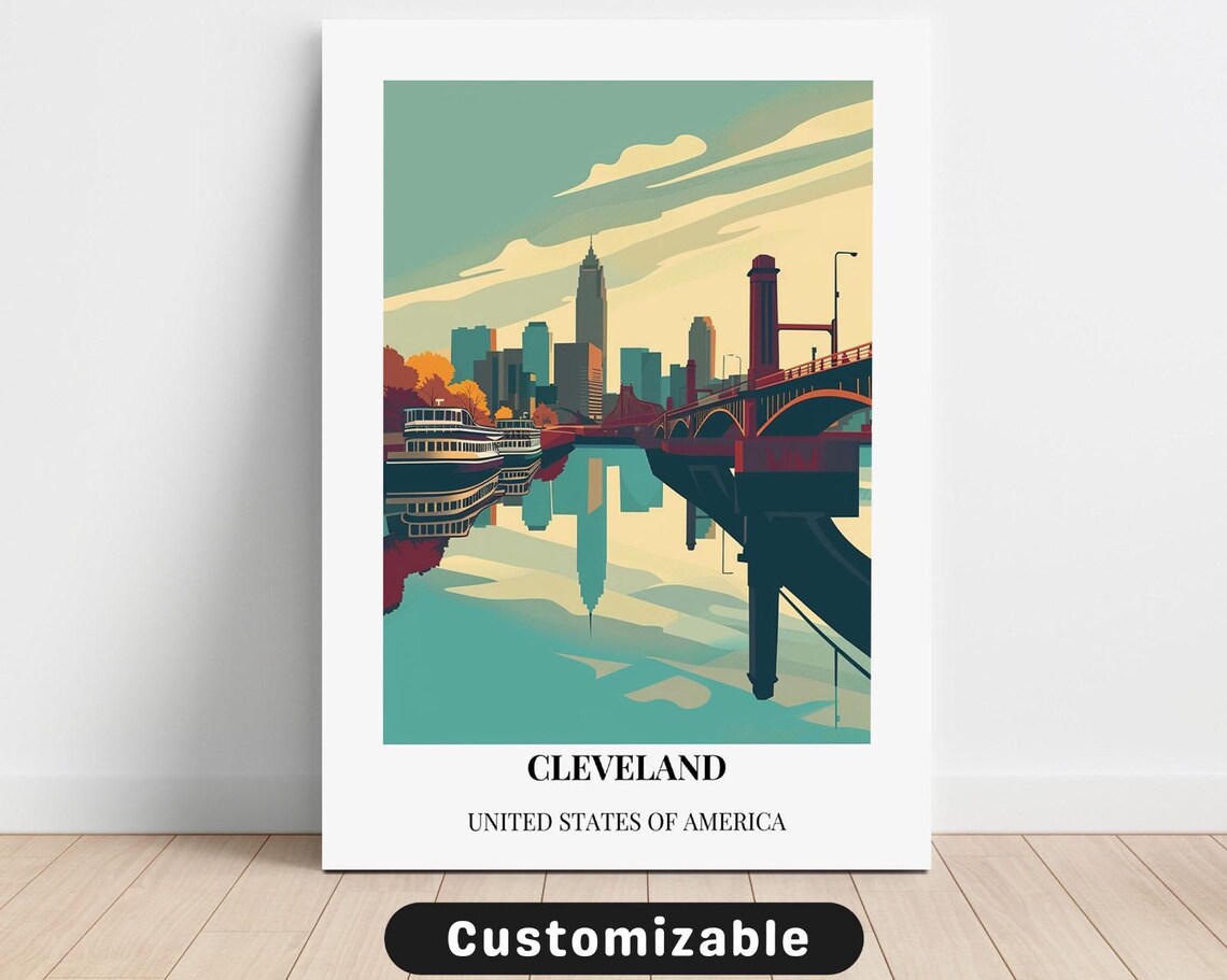 Cleveland United States of America Travel Skyline River Bridge Vintage Style Poster