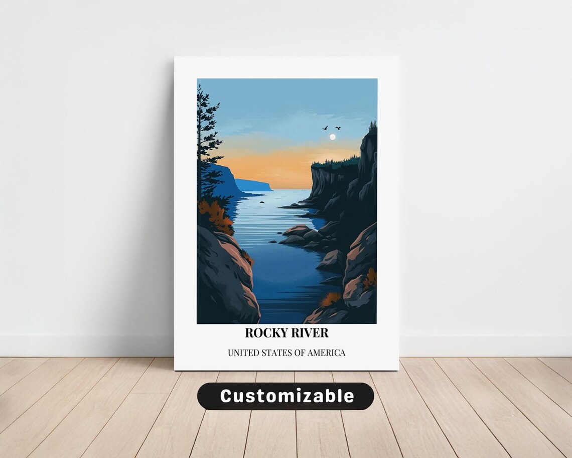 Rocky River USA Sunset Cove Rocky Cliffs Travel Style Art Poster