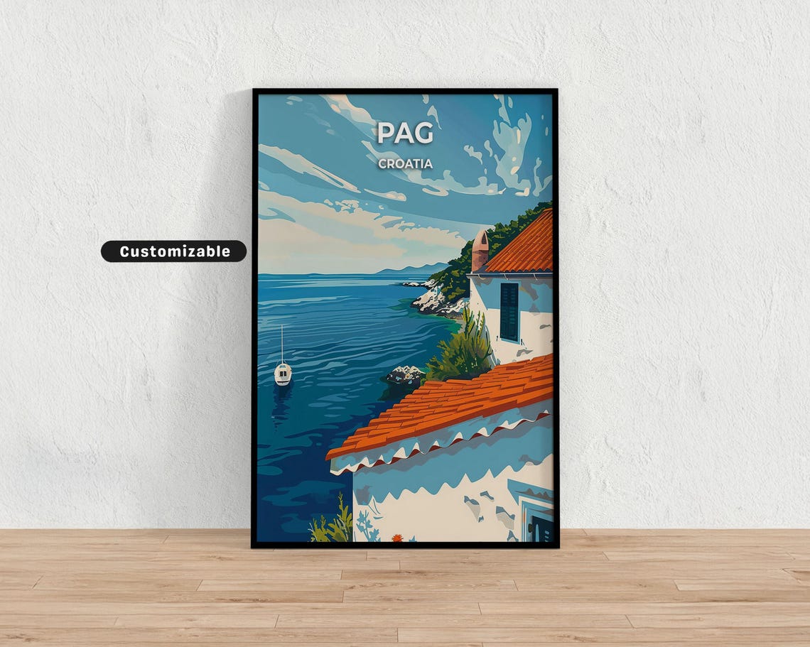 Pag Croatia Whitewashed Houses Red Roofs Blue Adriatic Travel Poster